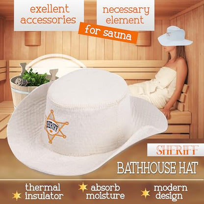 PetriStor Sauna Hat Sheriff - Sauna Hat for Men - Wool Sauna Hat - Sauna Hat for Women - Bathhouse hat - Natural Felt Sauna Cap (White)