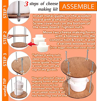 Cheese Making Kit - Wooden Cheese Press diameter 11.2 in and 2 Cheese Molds of 45oz -Сheese Press for Home Cheese Making Pressure up to 50 Pounds Walnut Color