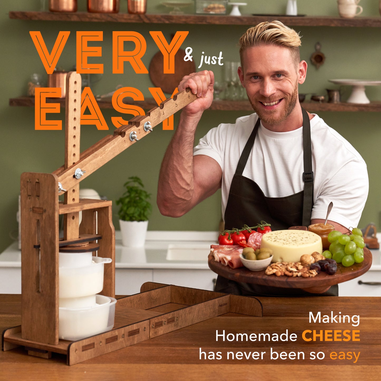 DUTCH PRESS, WOODEN CHEESE PRESS (2 Cheese Making mold 1.2 L) pressure up to 270 pounds