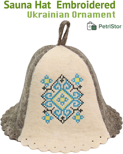 Sauna Hat Ukrainian Ornament Blue Hat for Man/Woman Natural Felt