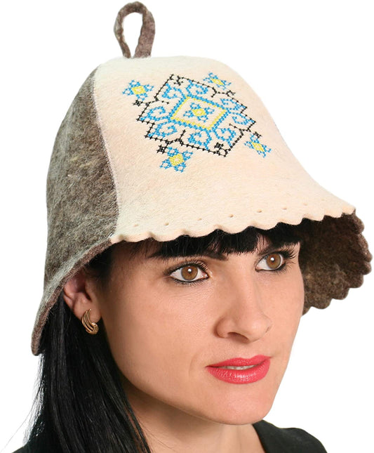 Sauna Hat Ukrainian Ornament Blue Hat for Man/Woman Natural Felt