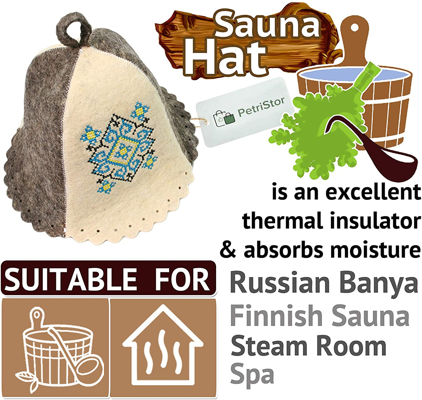 Sauna Hat Ukrainian Ornament Blue Hat for Man/Woman Natural Felt