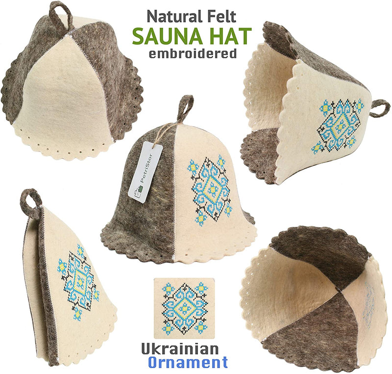 Sauna Hat Ukrainian Ornament Blue Hat for Man/Woman Natural Felt